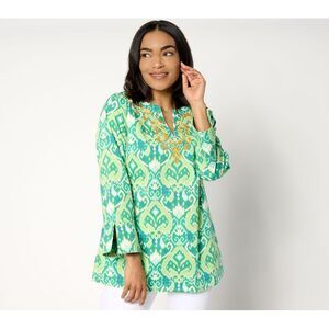 Bellisima by Kim Gravel Women's Top Sz XS Ibiza Ikat Boutique DarkGreen A647806